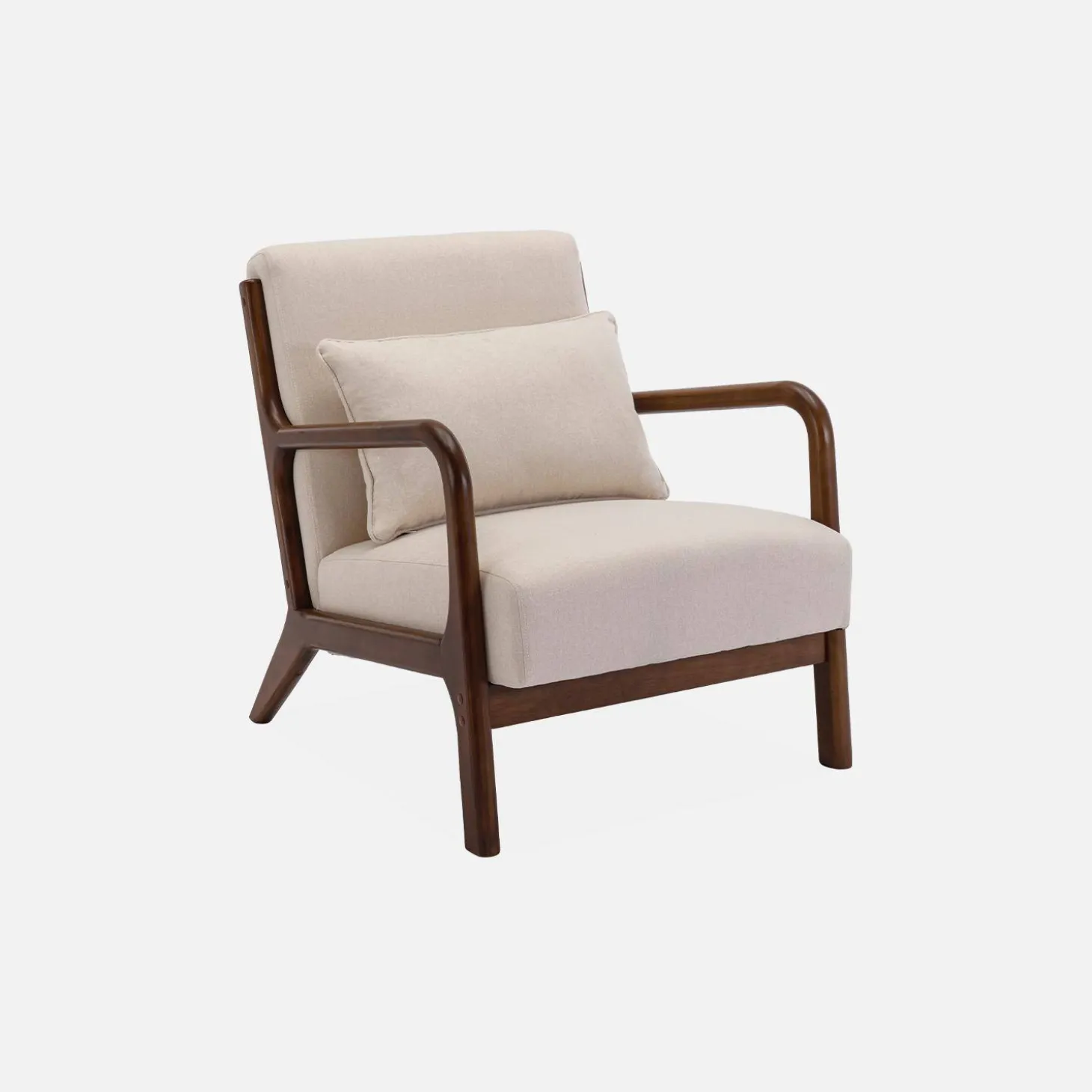 Banco de 2 plazas + sillón de tela beige, madera de hevea teñida madera oscura