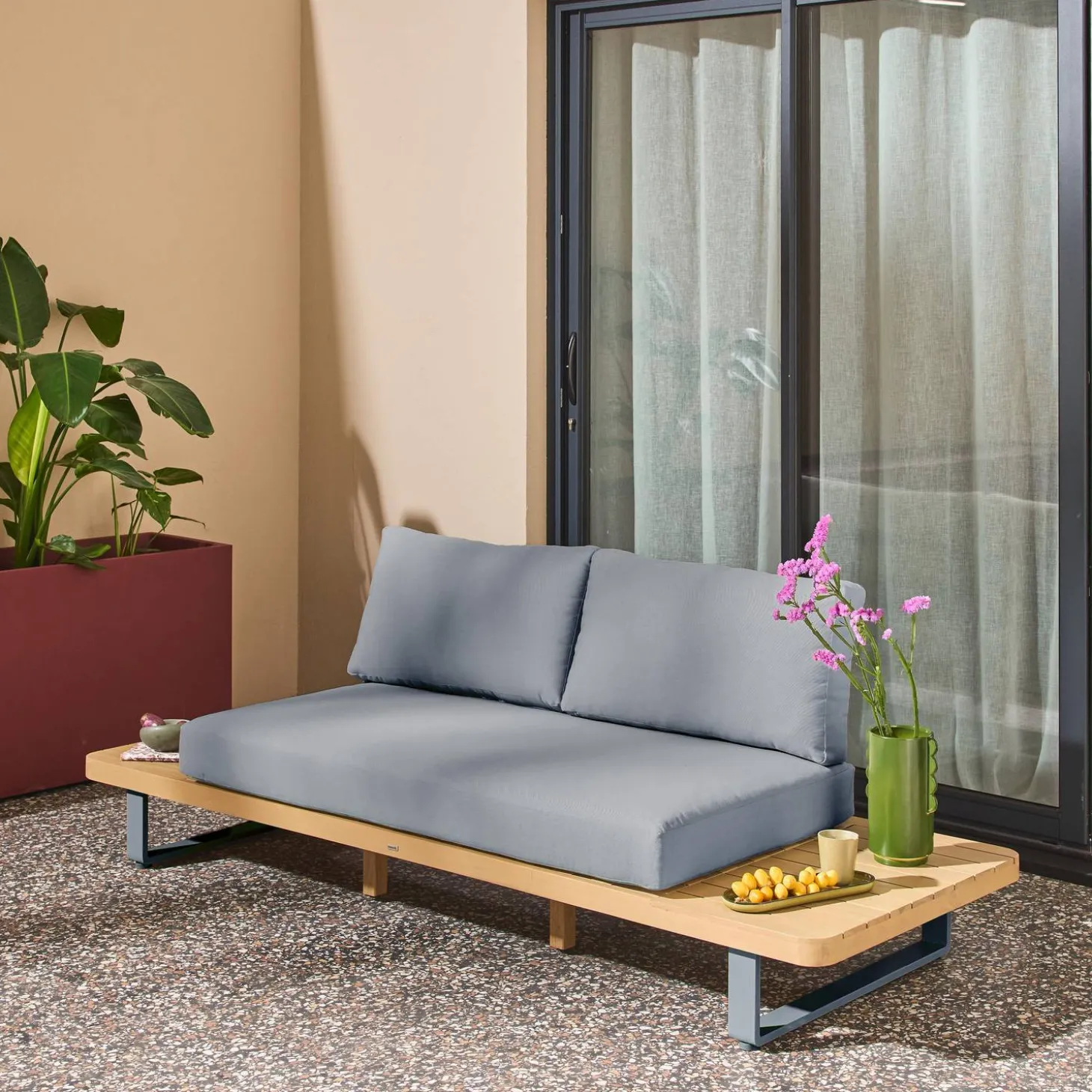 Banco de jardín de madera de acacia y aluminio para 2 plazas