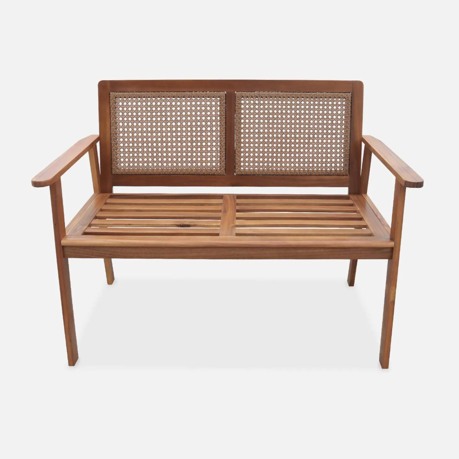 Banco exterior en madera de acacia con respaldo de caña, 2 plazas