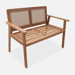 Banco exterior en madera de acacia con respaldo de caña, 2 plazas