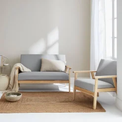Banco y sillón de madera y tela, 3 plazas