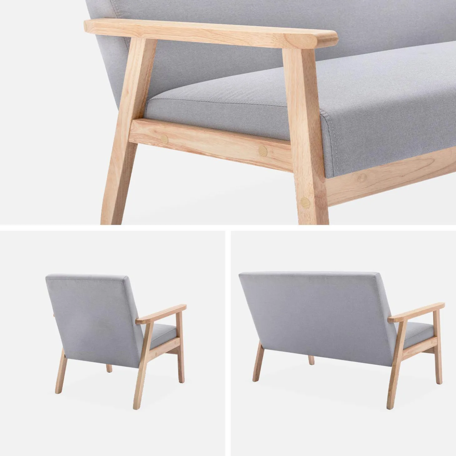 Banco y sillón de madera y tela, 3 plazas
