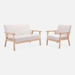 Banco y sillón de madera y tela, 3 plazas