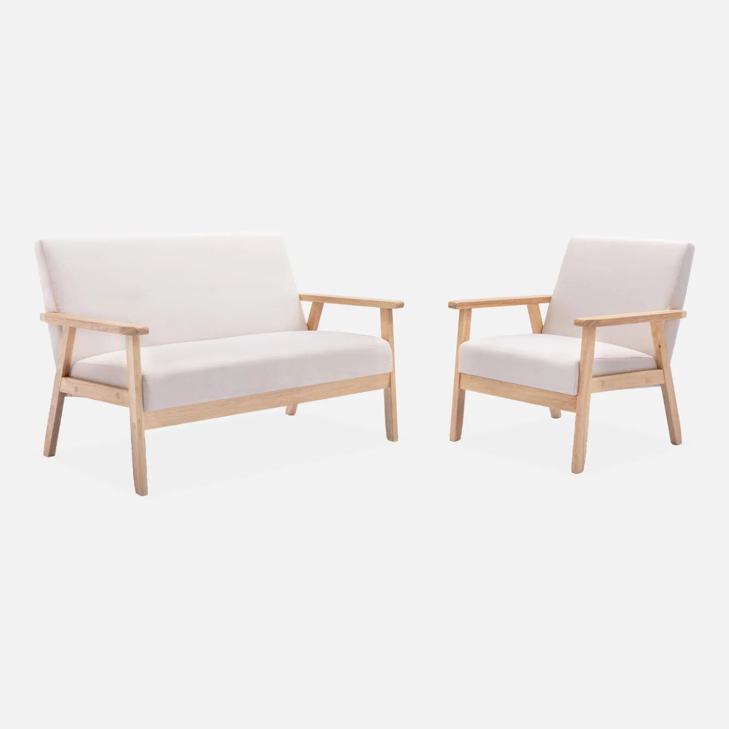 Banco y sillón de madera y tela, 3 plazas