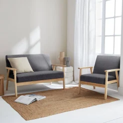 Banco y sillón de madera y tela, 3 plazas