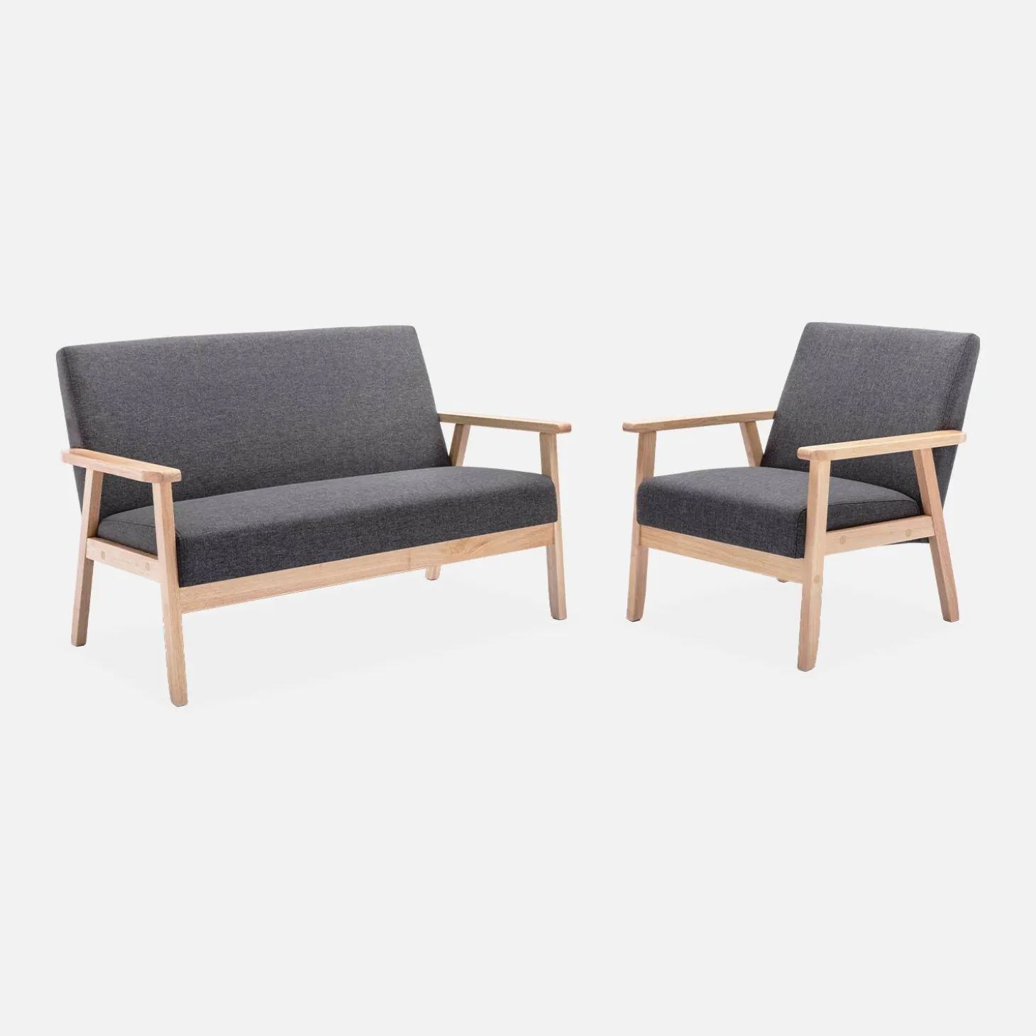 Banco y sillón de madera y tela, 3 plazas