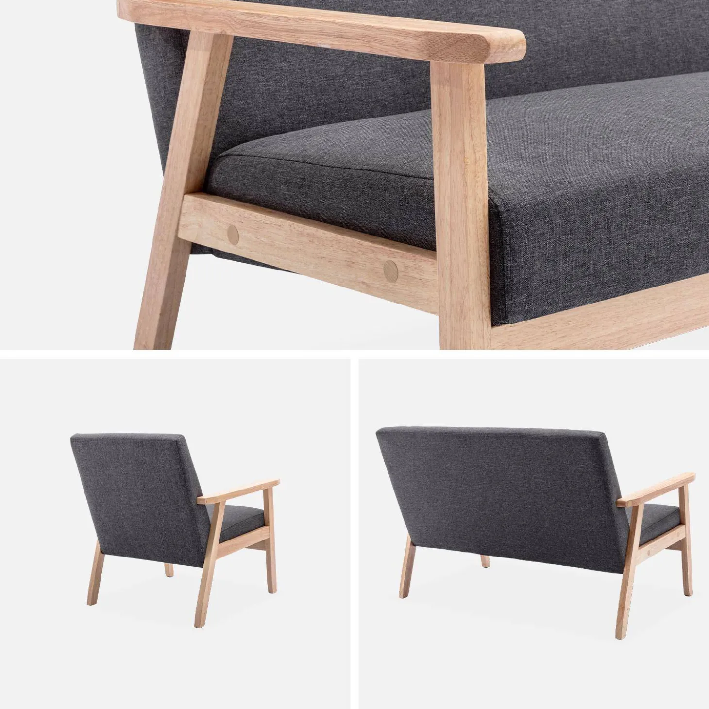 Banco y sillón de madera y tela, 3 plazas