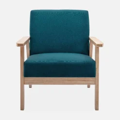 Banco y sillón de madera y tela, 3 plazas