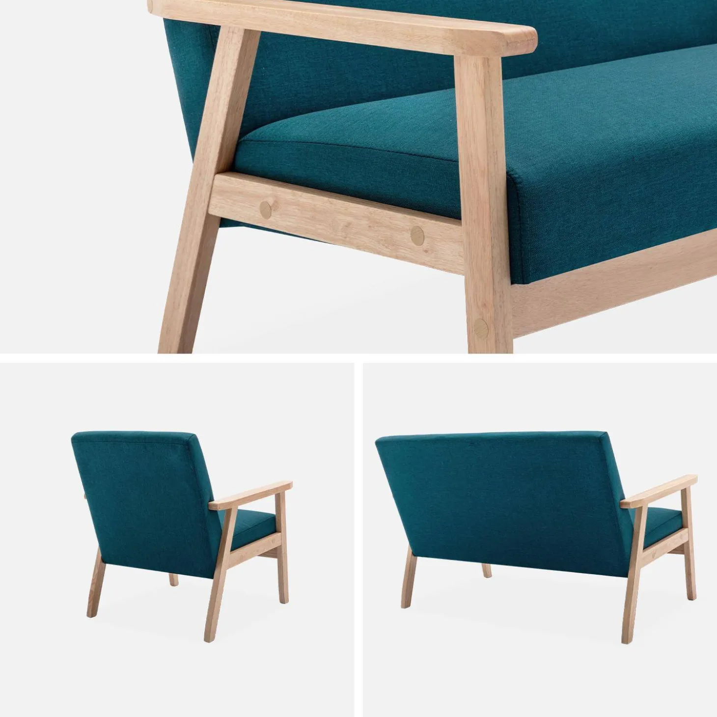 Banco y sillón de madera y tela, 3 plazas