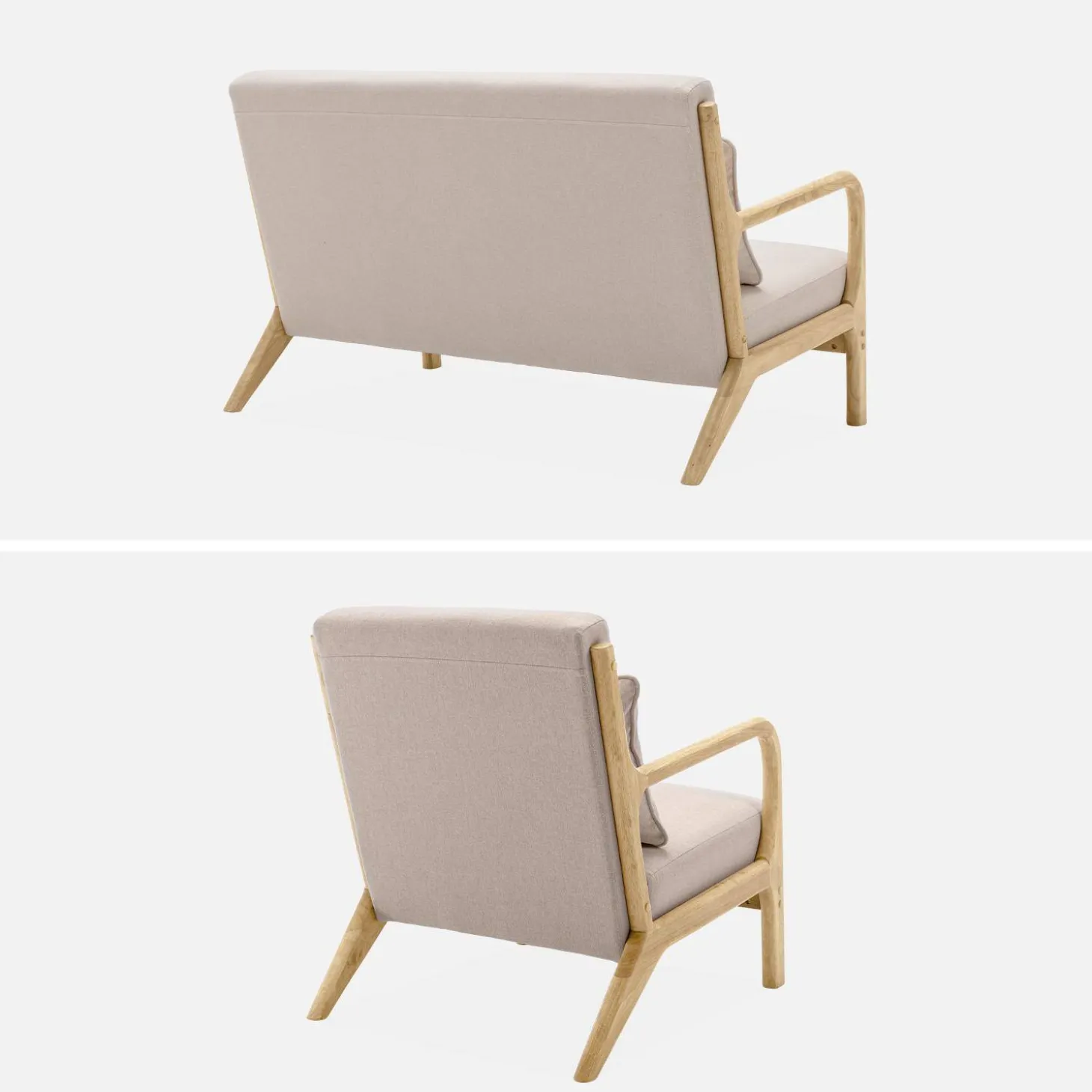 Banqueta de 2 plazas + sillón de tela beige y madera