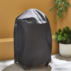 Barbacoa de carbón, parrilla y ahumador, cerámica Ø54,5cm con ruedas, estantes y funda