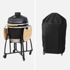 Barbacoa de carbón, parrilla y ahumador, cerámica Ø54,5cm con ruedas, estantes y funda