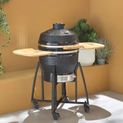 Barbacoa de carbón, parrilla y ahumador, cerámica Ø54,5cm con ruedas, estantes y funda