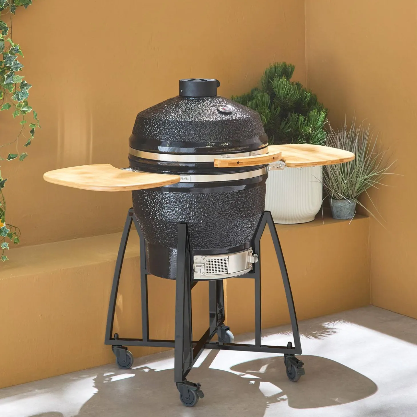 Barbacoa de carbón, parrilla y ahumador, cerámica Ø54,5cm con ruedas, estantes y funda