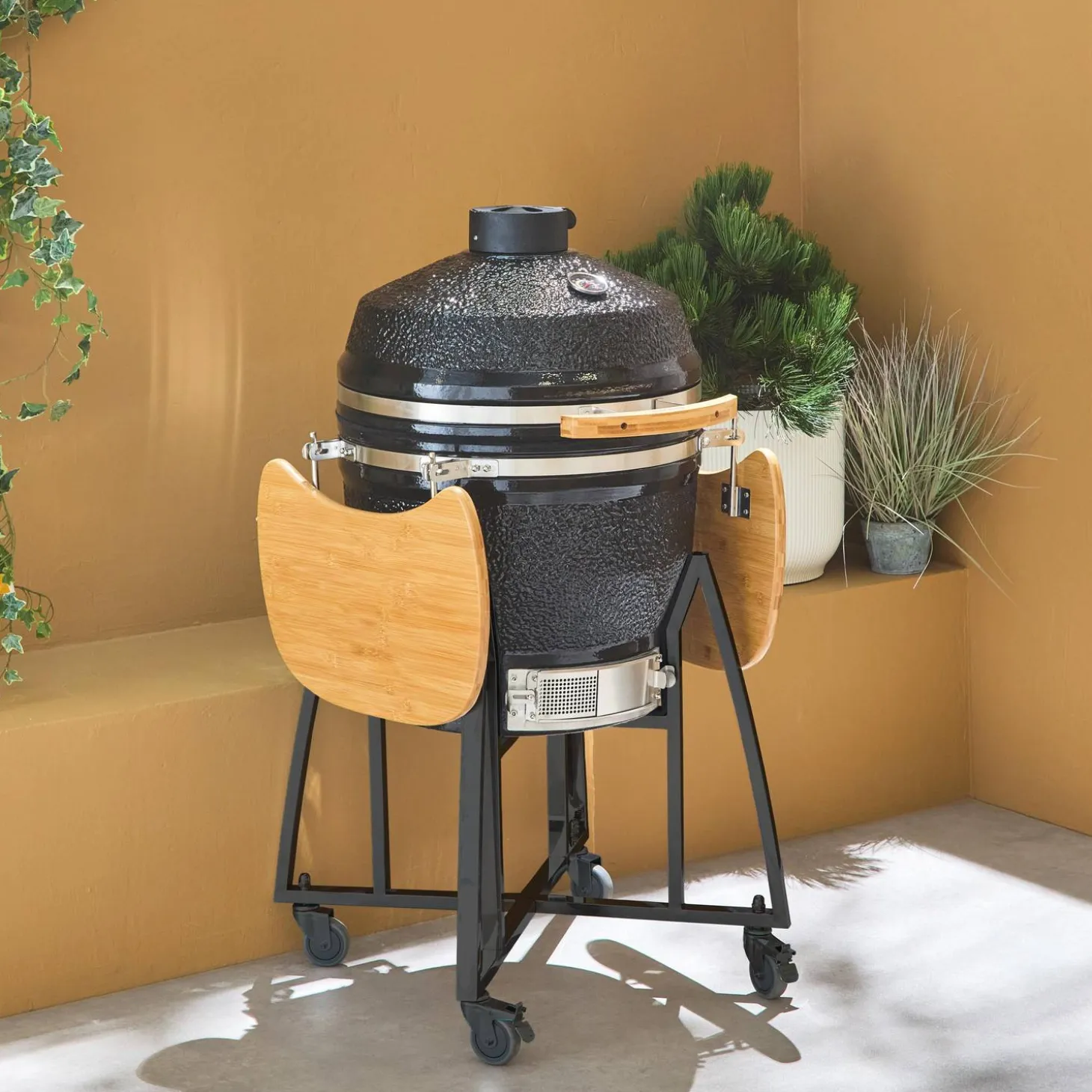 Barbacoa de carbón, parrilla y ahumador, cerámica Ø54,5cm con ruedas, estantes y funda
