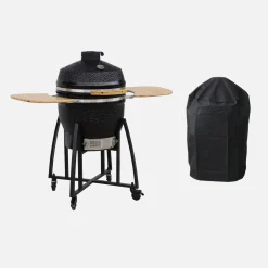 Barbacoa de carbón, parrilla y ahumador, cerámica Ø54,5cm con ruedas, estantes y funda