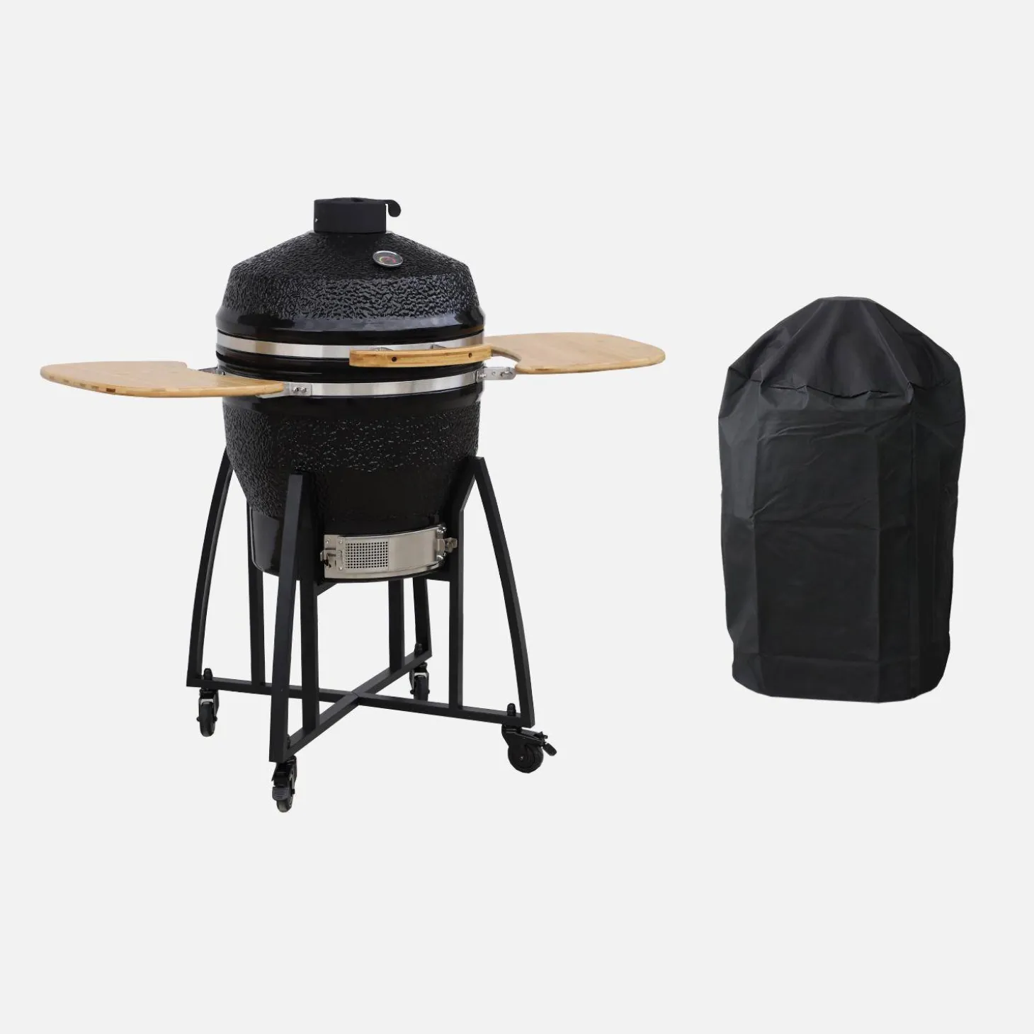 Barbacoa de carbón, parrilla y ahumador, cerámica Ø54,5cm con ruedas, estantes y funda