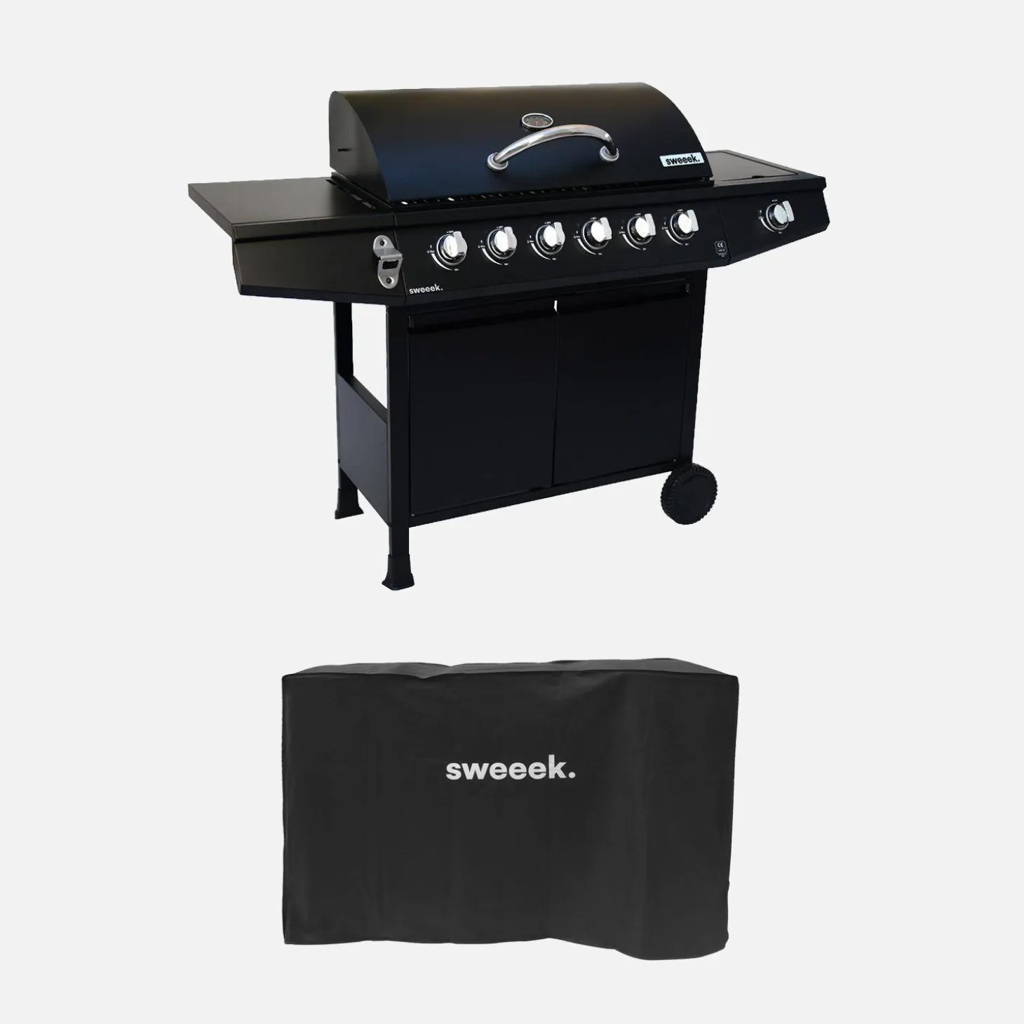 Barbacoa de gas con 6 quemadores + 1 quemador lateral con ruedas, estantes, termómetro y funda