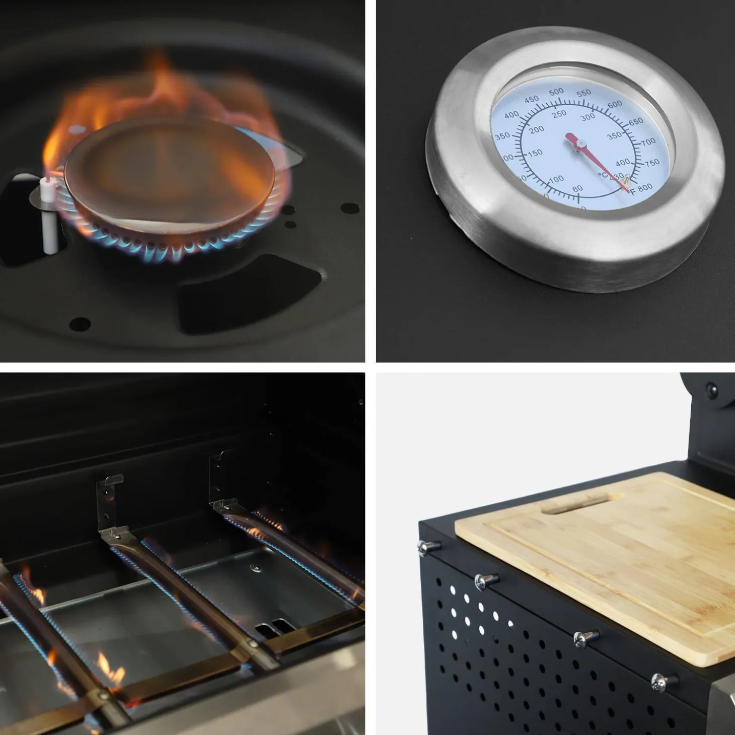 Barbacoa de gas con 4 quemadores, 1 fuego lateral, cocina exterior con estantes, termómetro y funda
