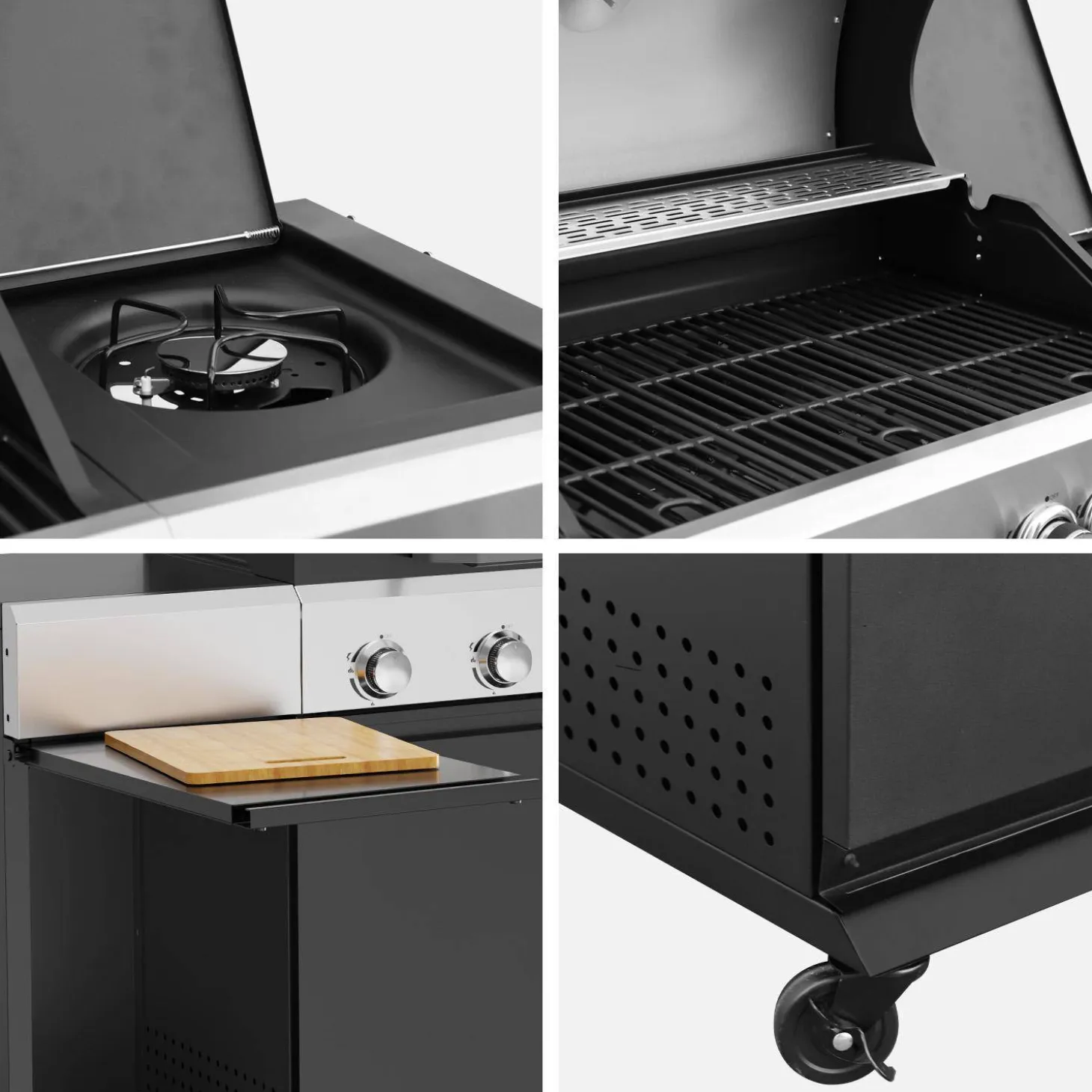 Barbacoa de gas con 4 quemadores, 1 fuego lateral, cocina exterior con estantes, termómetro y funda