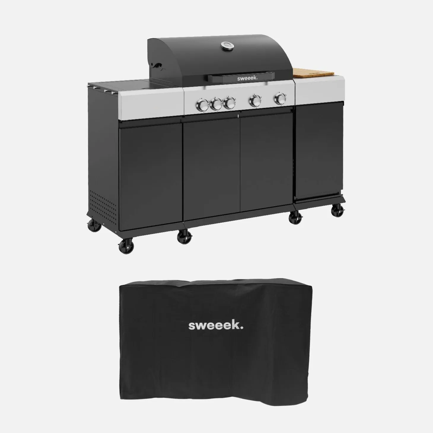 Barbacoa de gas con 4 quemadores, 1 fuego lateral, cocina exterior con estantes, termómetro y funda