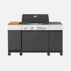 Barbacoa de gas con 4 quemadores, 1 fuego lateral, cocina exterior con estantes, termómetro y funda