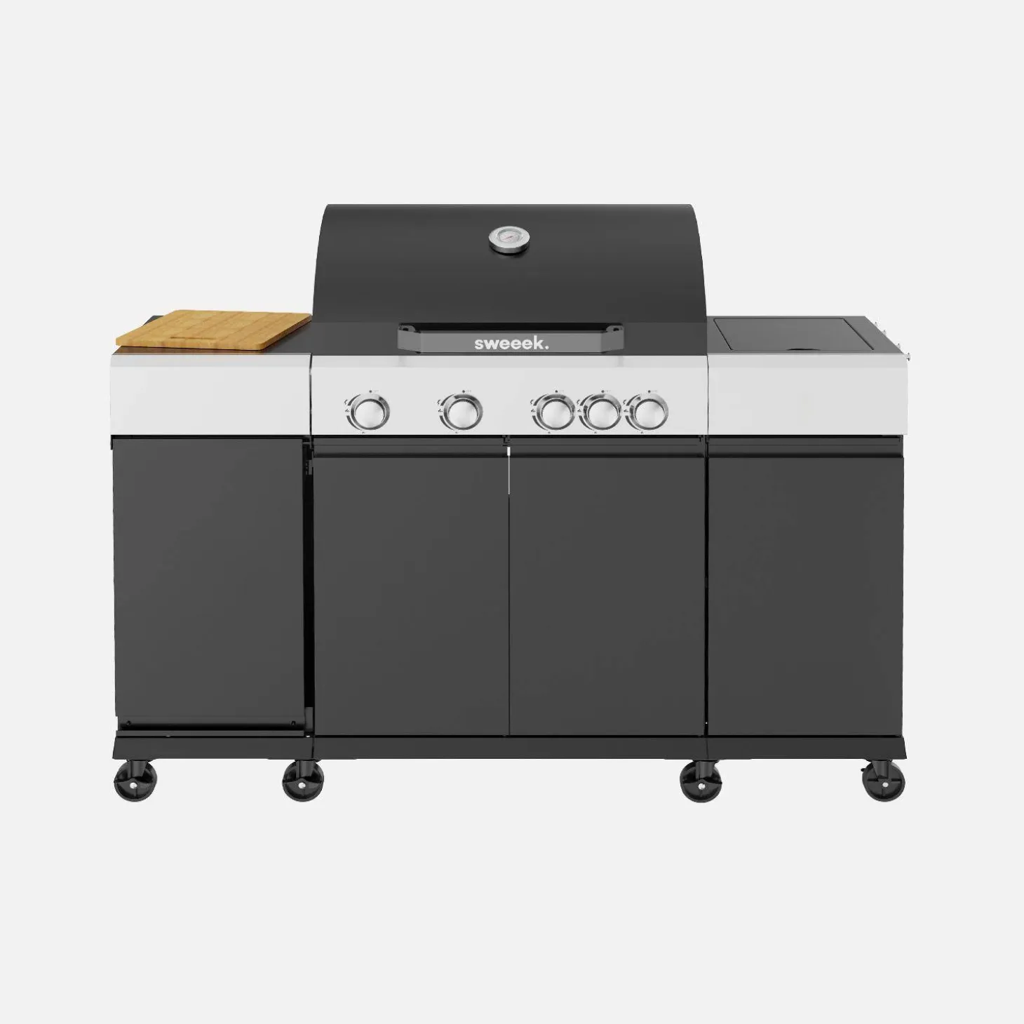 Barbacoa de gas con 4 quemadores, 1 fuego lateral, cocina exterior con estantes, termómetro y funda