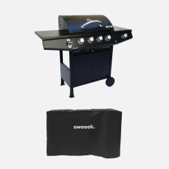 Barbacoa de gas con 4 quemadores + 1 quemador lateral con ruedas, estantes, termómetro y funda