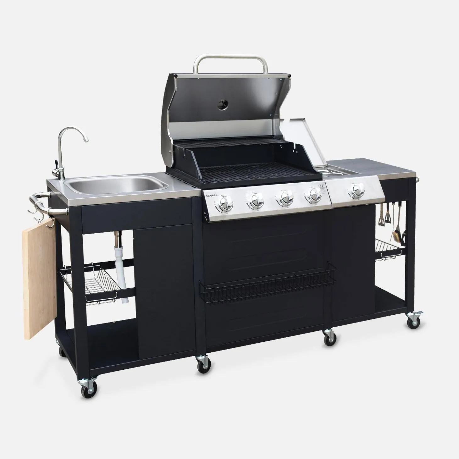 Barbacoa de gas con 4 quemadores + 1 fuego lateral, cocina exterior con fregadero y funda