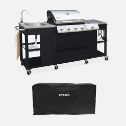 Barbacoa de gas con 4 quemadores + 1 fuego lateral, cocina exterior con fregadero y funda