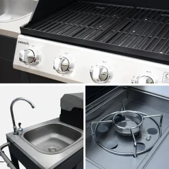 Barbacoa de gas con 4 quemadores + 1 fuego lateral, cocina exterior con fregadero y funda