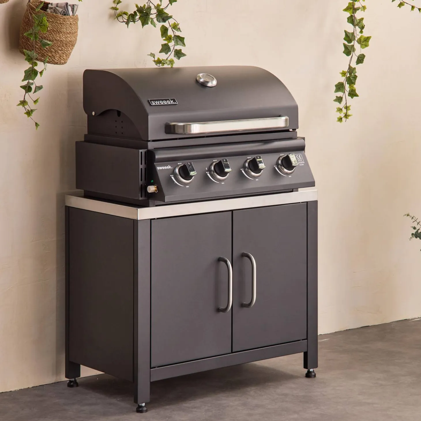 Barbacoa de gas de 4 quemadores de mesa + cocina exterior de acero, 80cm