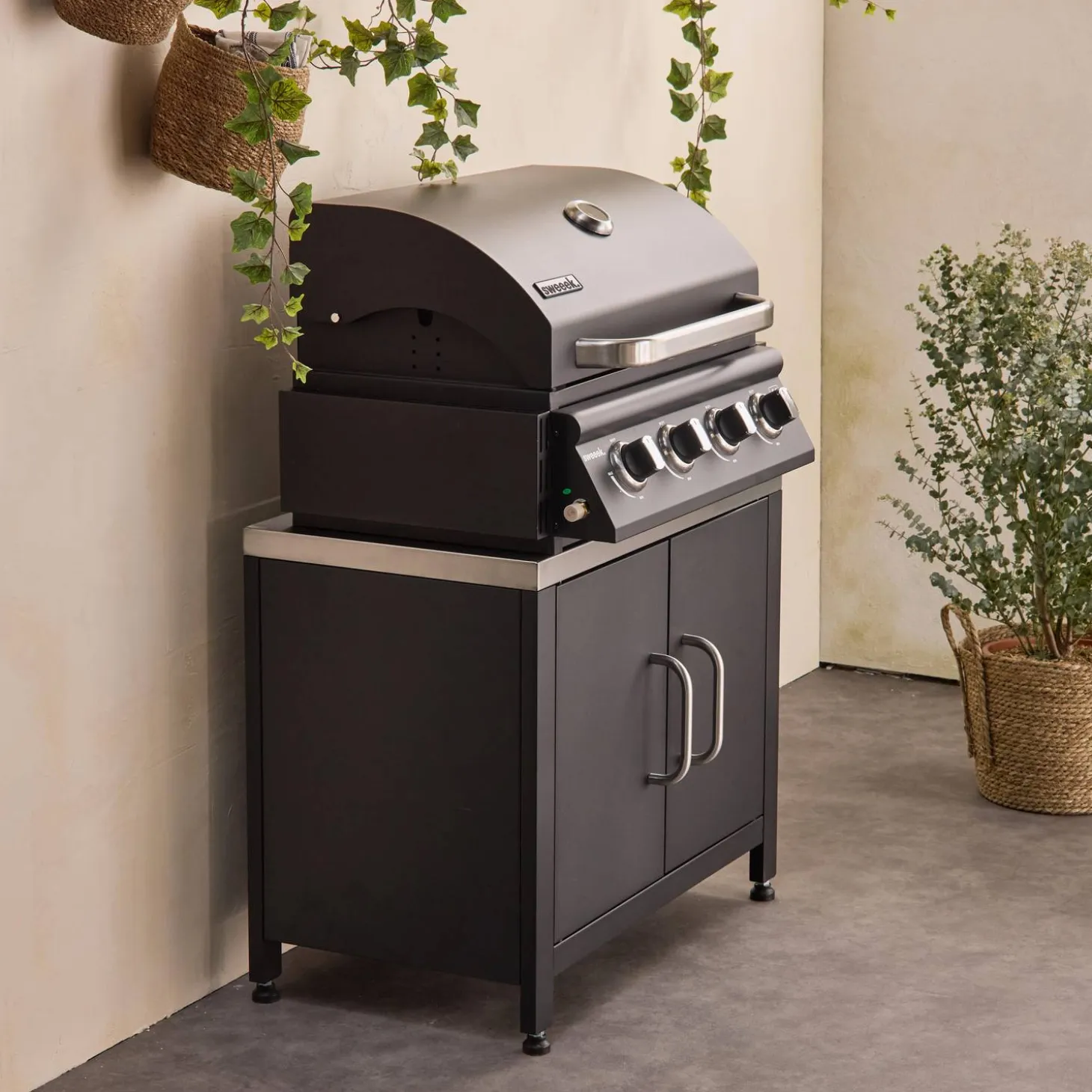 Barbacoa de gas de 4 quemadores de mesa + cocina exterior de acero, 80cm