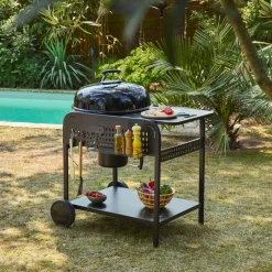 Barbacoa redonda de carbón de acero esmaltado con carrito, Ø53cm