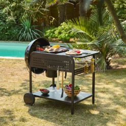 Barbacoa redonda de carbón de acero esmaltado con carrito, Ø53cm