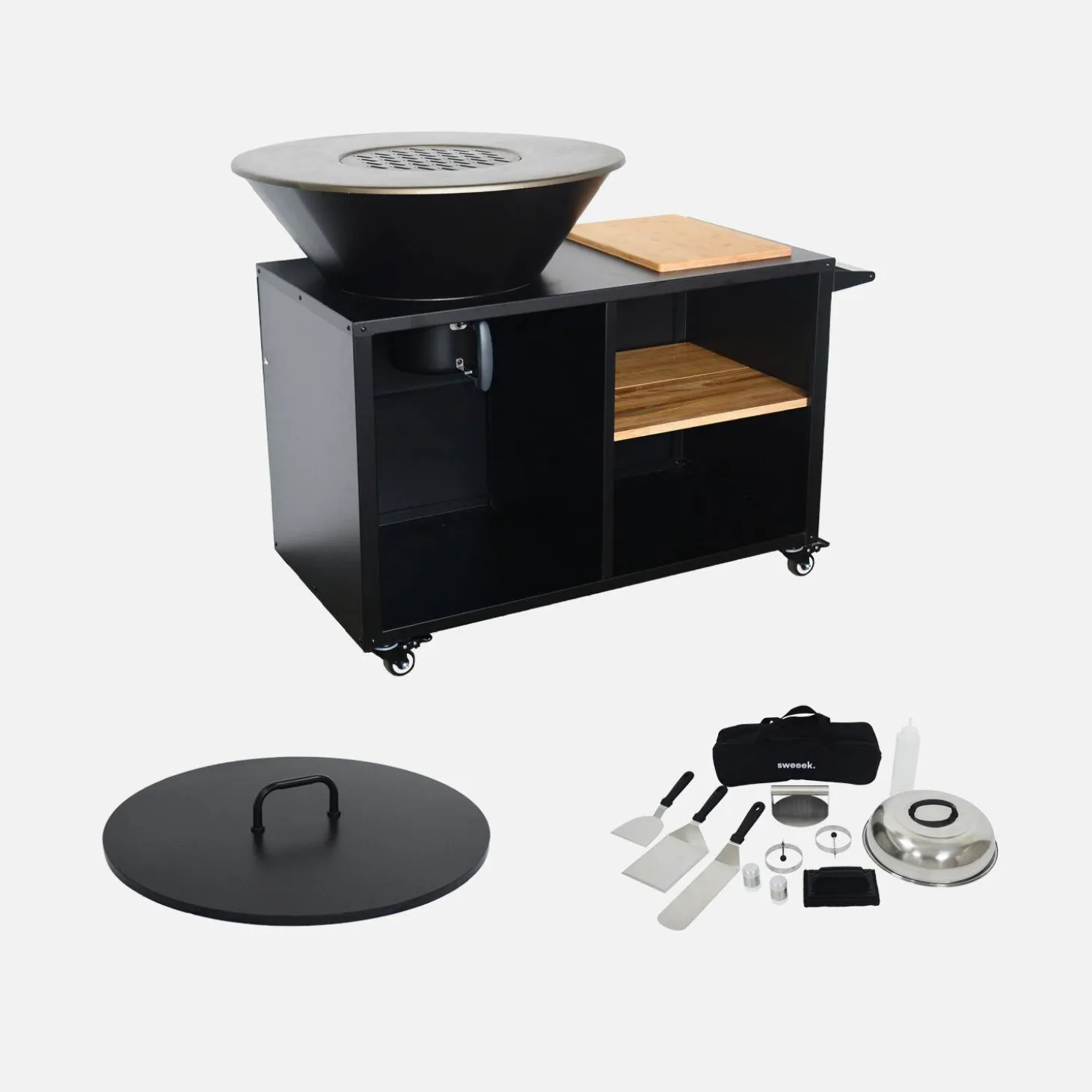 Brasero barbacoa, carrito con espacios de almacenamiento, tapa y utensilios, Ø80cm