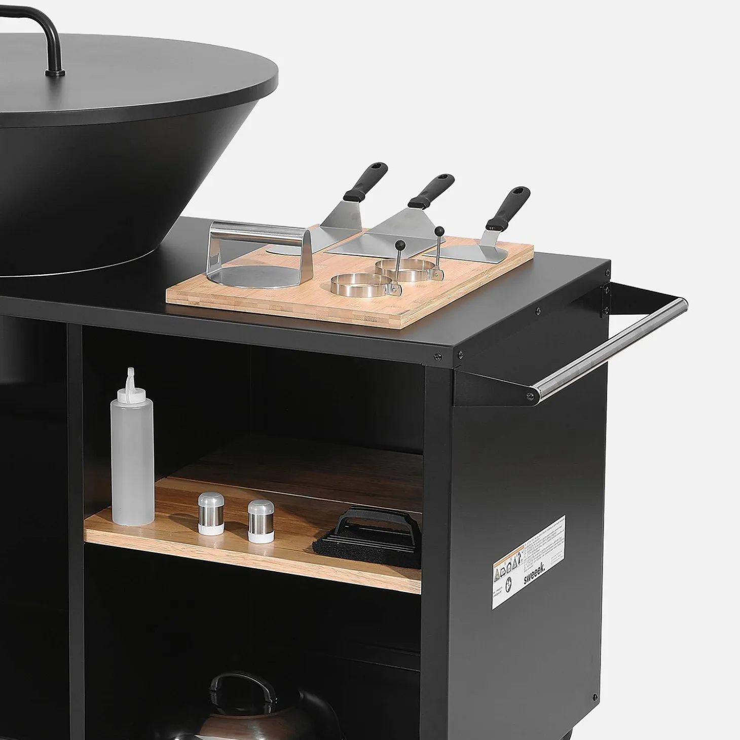 Brasero barbacoa, carrito con espacios de almacenamiento, tapa y utensilios, Ø80cm