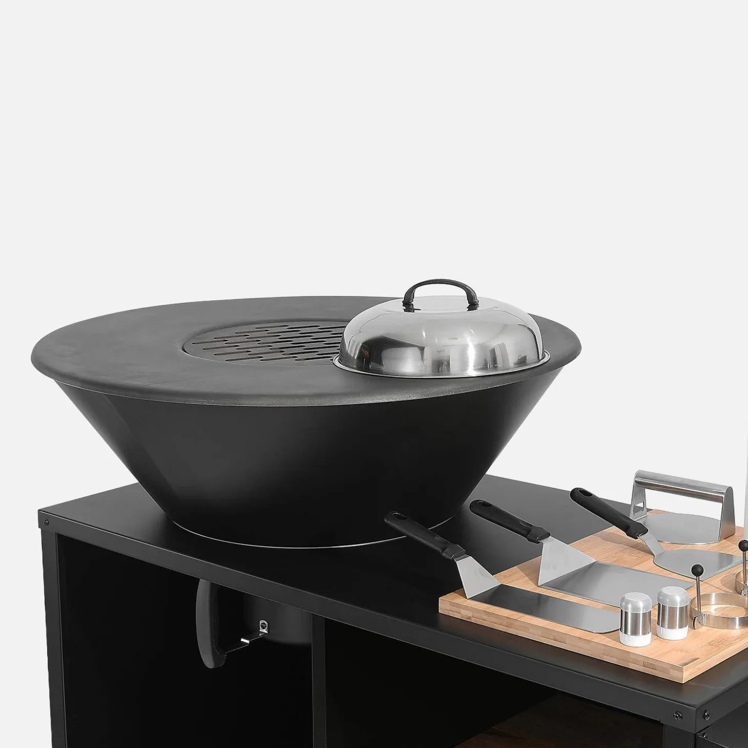 Brasero barbacoa, carrito con espacios de almacenamiento, tapa y utensilios, Ø80cm