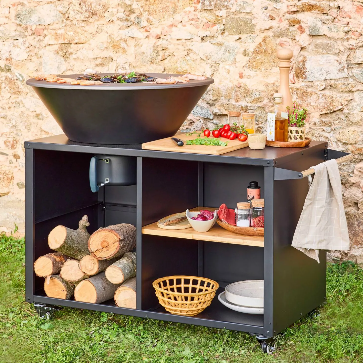 Brasero barbacoa Ø80cm, carrito con espacios de almacenamiento y tapa
