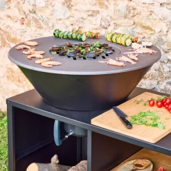 Brasero barbacoa Ø80cm, carrito con espacios de almacenamiento y tapa