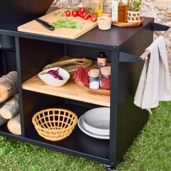 Brasero barbacoa Ø80cm, carrito con espacios de almacenamiento y tapa