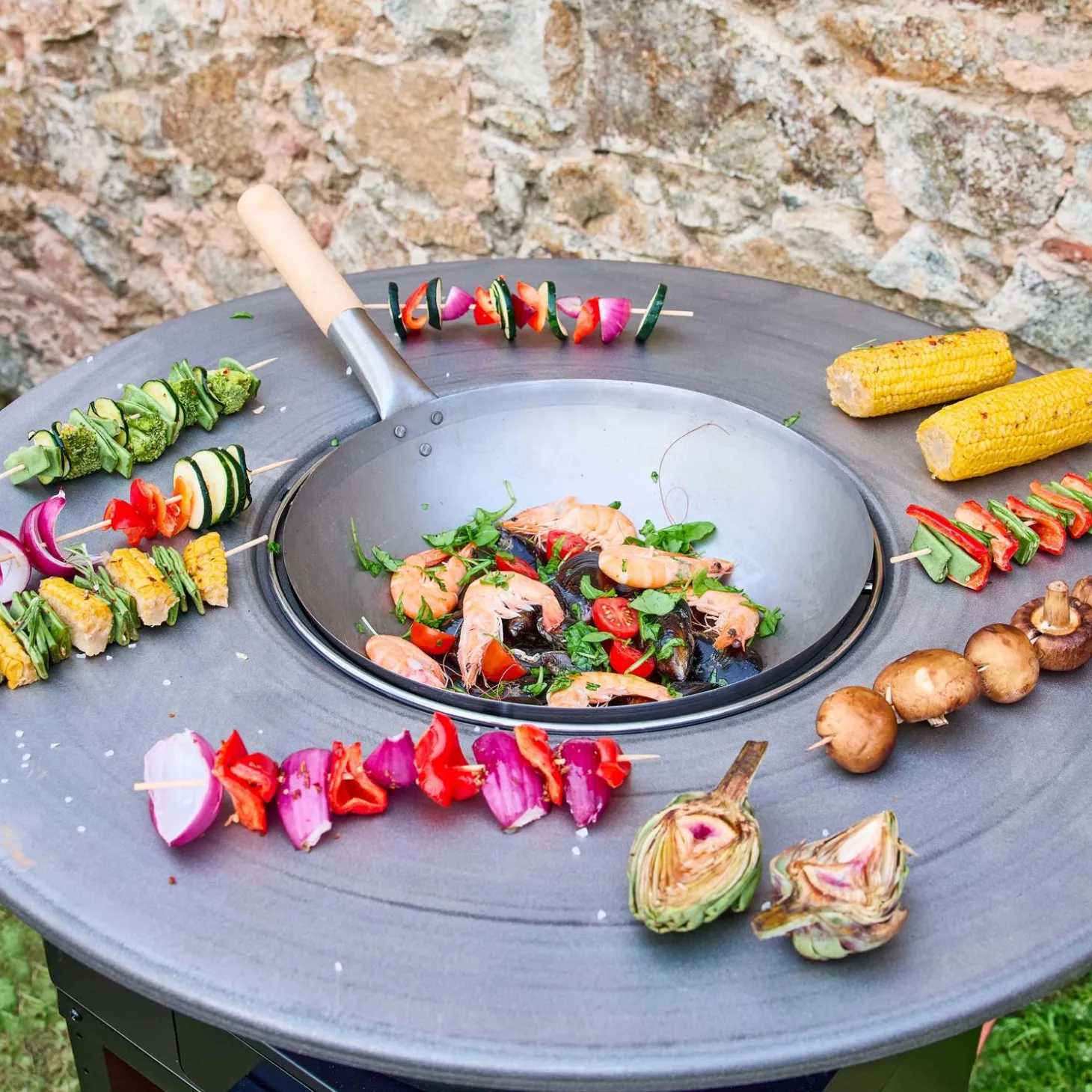 Brasero barbacoa Ø81,5cm con parrilla de cocción, espacio de almacenamiento y tapa