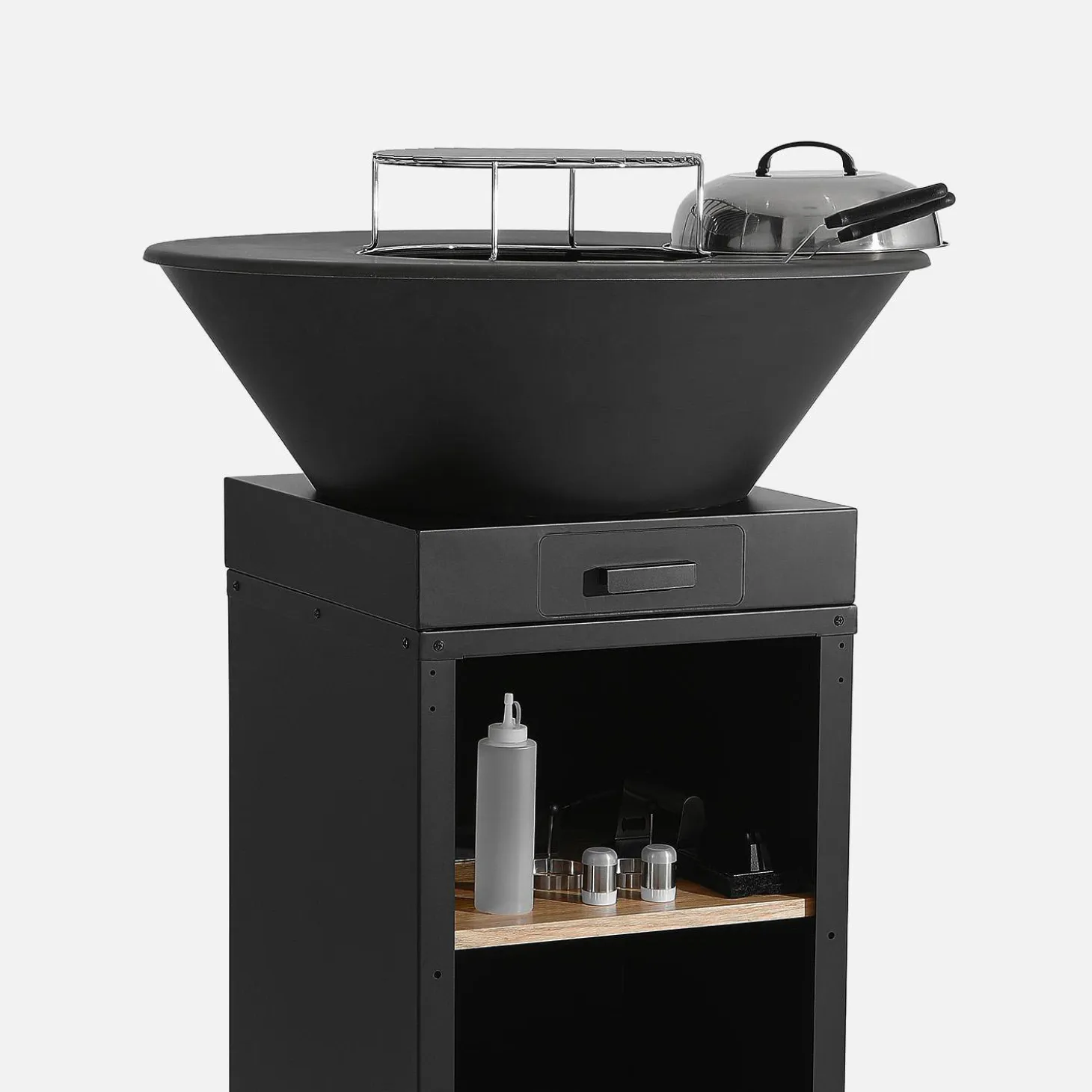 Brasero barbacoa con parrilla de cocción, espacio de almacenamiento, tapa y utensilios, Ø81,5cm