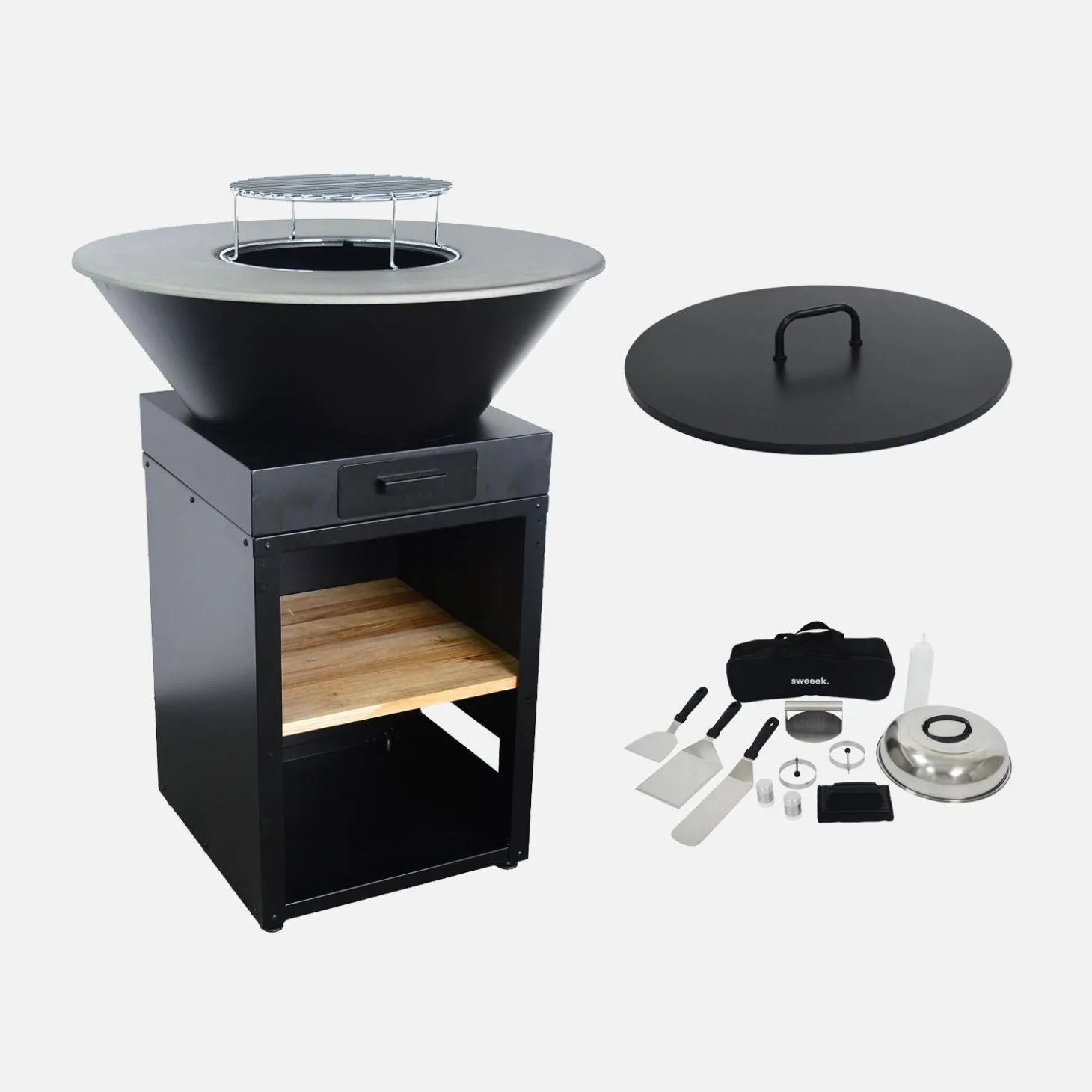 Brasero barbacoa con parrilla de cocción, espacio de almacenamiento, tapa y utensilios, Ø81,5cm