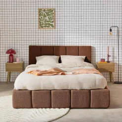 Cama baúl con somier a láminas y cabecero 140cm, acabado en borreguito