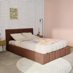 Cama baúl con somier a láminas y cabecero 140cm, acabado en borreguito