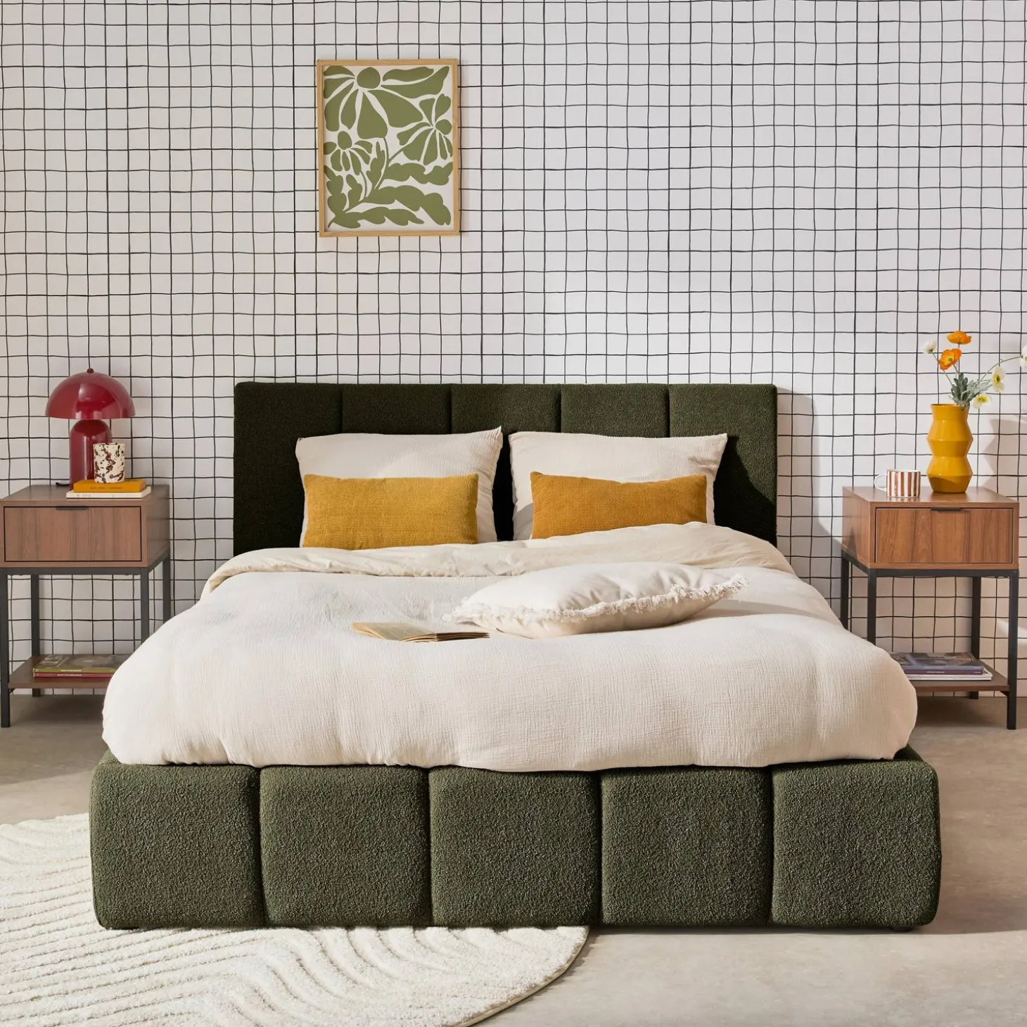 Cama baúl con somier a láminas y cabecero 140cm, acabado en borreguito