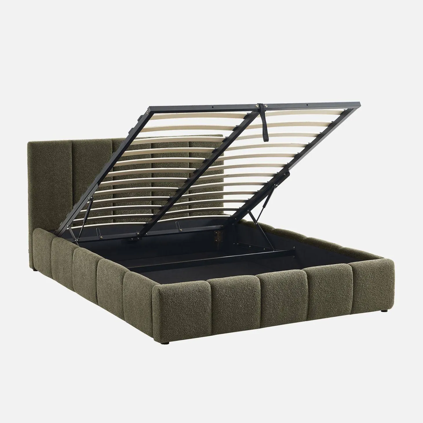 Cama baúl con somier a láminas y cabecero 140cm, acabado en borreguito