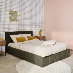 Cama baúl con somier a láminas y cabecero 140cm, acabado en borreguito