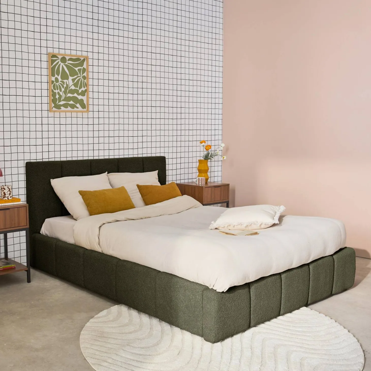 Cama baúl con somier a láminas y cabecero 140cm, acabado en borreguito